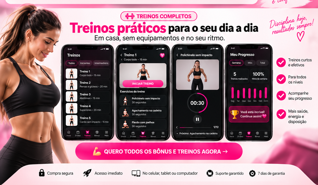 Treinos completos do Método Fit Express com telas do treino, execução guiada e acompanhamento de progresso